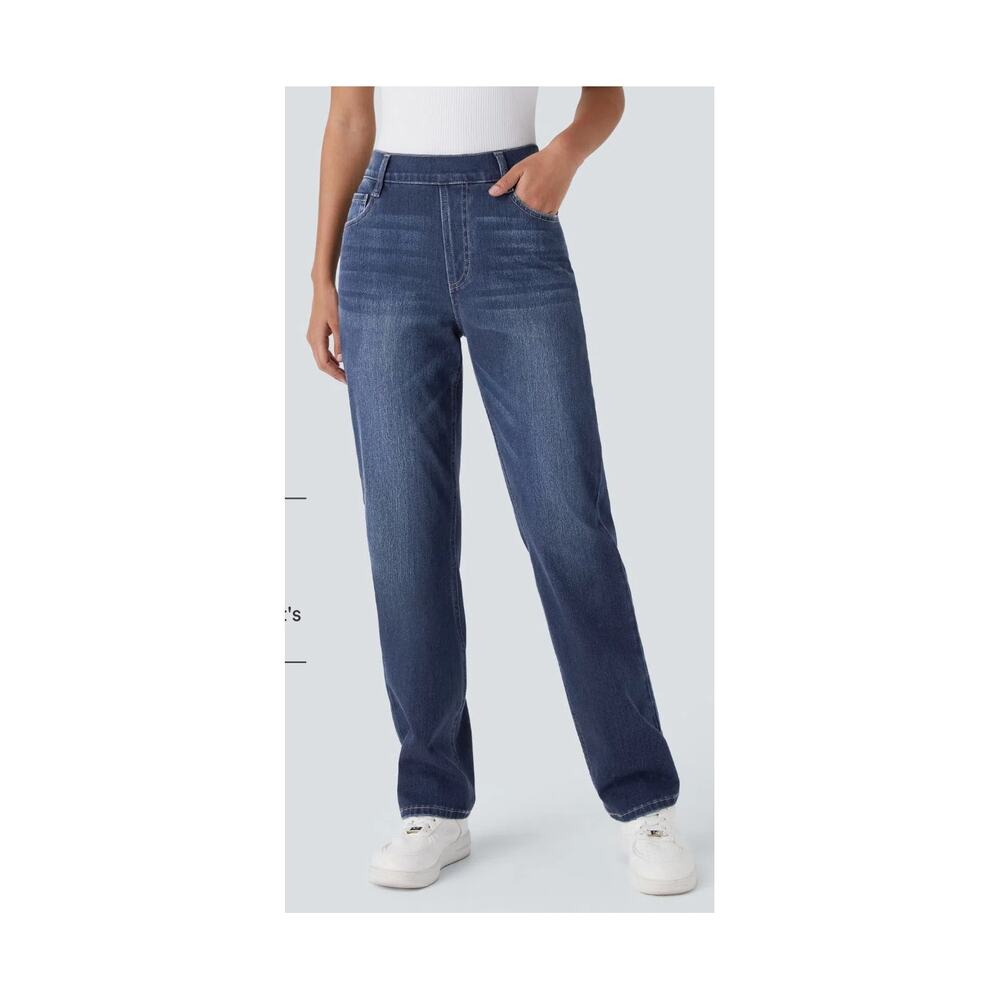 Halara Flex Jeans Womens L Tall Blue Pull On High Waisted Straight Leg Stretch